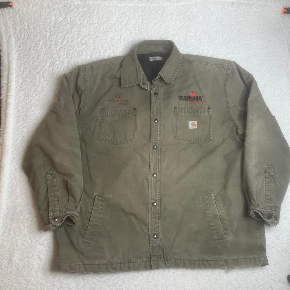 Vintage carhartt men olive green button snap quilt‎ lined jacket embroidered xxl